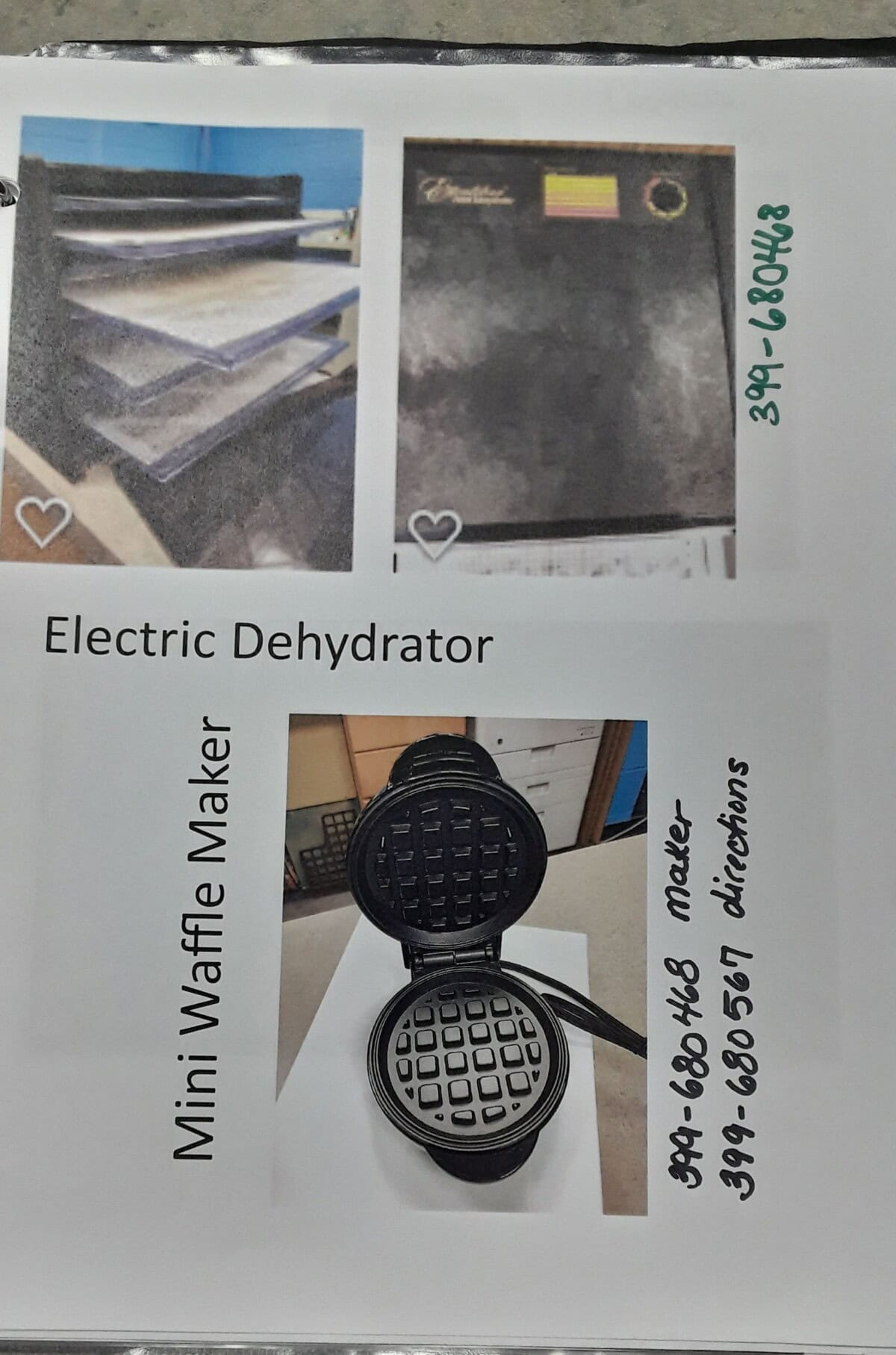 A printed page shows two sections: the top has images of an electric dehydrator, including trays inside; the bottom features an open mini waffle maker. Handwritten product IDs are beside each appliance.