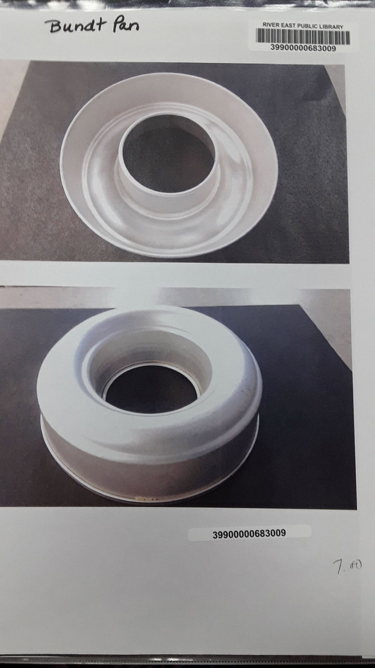Two photos of a silver Bundt pan, shown from above and side angles, are displayed on a page labeled Bundt Pan with a barcode and price of 7.00 written at the bottom.