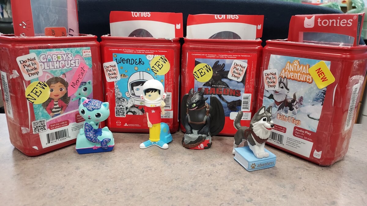 Collection of toy figures in front of colorful book boxes, including characters from Gabby's Dollhouse, Dragons, and Animal Adventures.