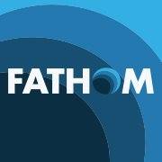 The image shows the word FATHOM in bold white letters with varying shades of blue circles. The letter O is depicted as a shaded blue circle, resembling a depth or ocean graphic.