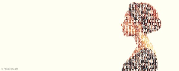 A silhouette of a womans profile is filled with a collage of many small, diverse faces, symbolizing community or diversity. The background is plain and light, emphasizing the silhouette.