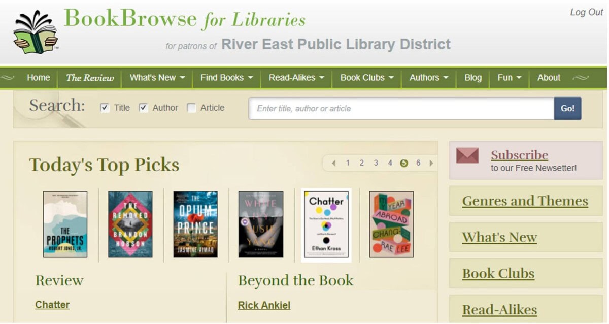Screenshot of the BookBrowse for Libraries website featuring a search bar, navigation menu, and a carousel of six book covers under Todays Top Picks, with options for newsletter subscription and genre navigation on the right.