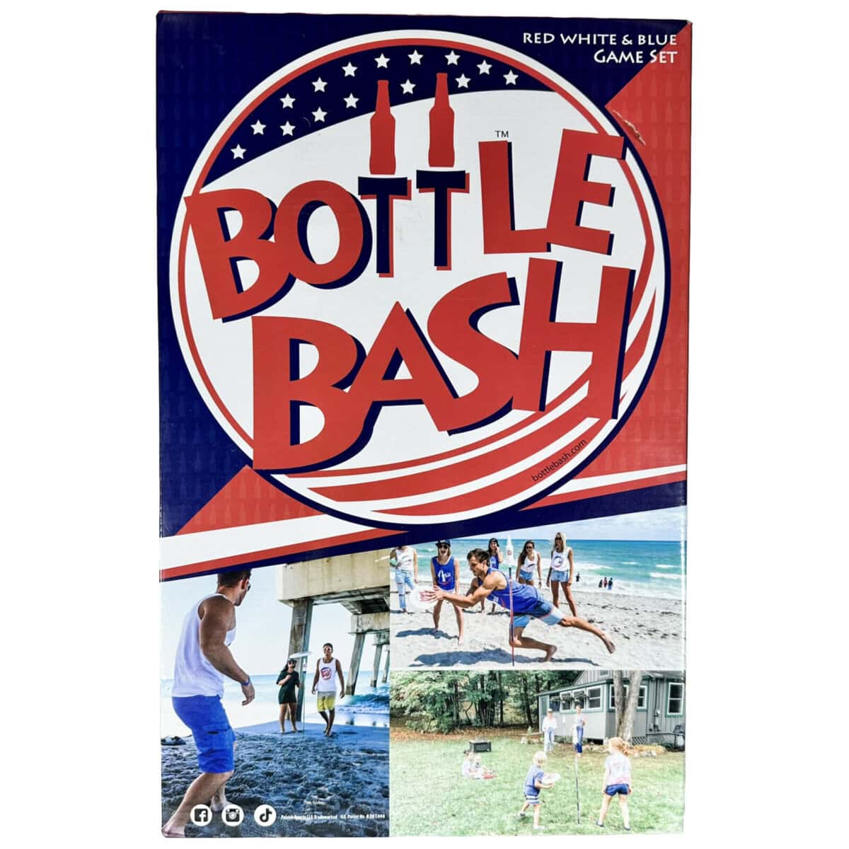 Box for Bottle Bash game set, featuring large bold red, white, and blue logo with star accents, and photos of people playing the game outdoors on a beach and grassy lawn.