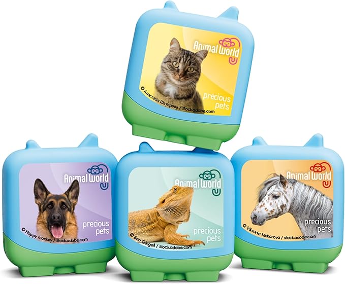 Four colorful, square containers feature animal photos: a cat, a dog, a lizard, and a pony, each labeled Animal World precious pets with pastel-colored backgrounds.