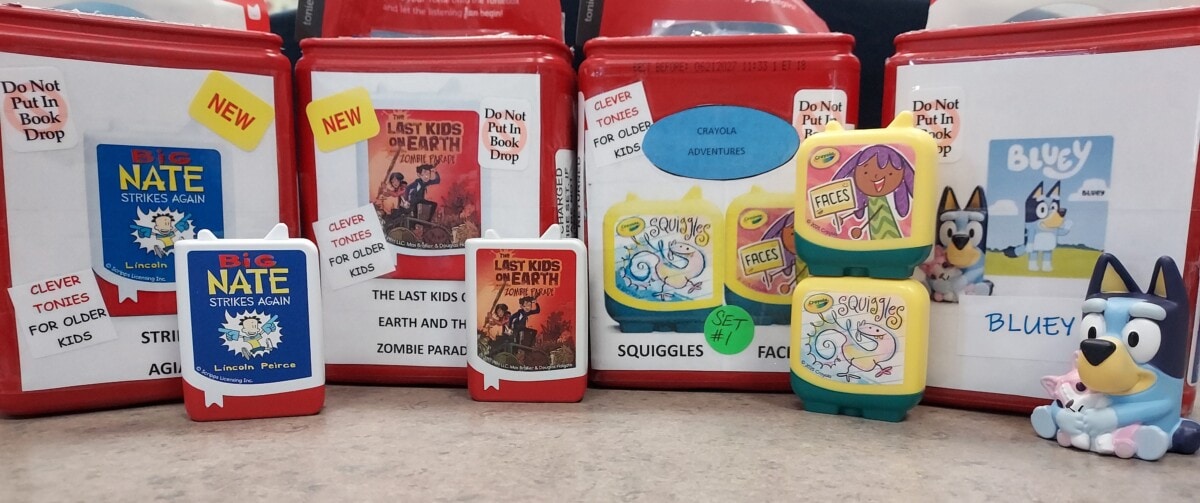 clever tonies for older kids & tonies figures big nate strikes again, the last kids on earth zombie parade, crayola adventures squiggles & faces, and bluey