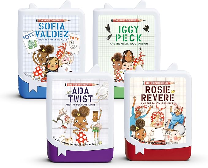 Four illustrated children’s book covers from The Questioneers series, featuring Sofia Valdez, Iggy Peck, Ada Twist, and Rosie Revere, each with colorful drawings of the characters and themed backgrounds.