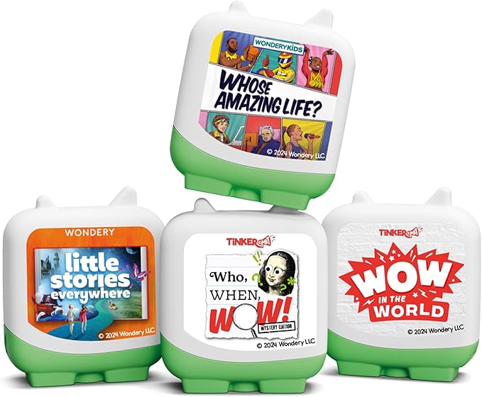 Four small, square, green-and-white audio devices are stacked. Each displays a different label: Whose Amazing Life?, little stories everywhere, Who, When, Wow!, and WOW in the World.