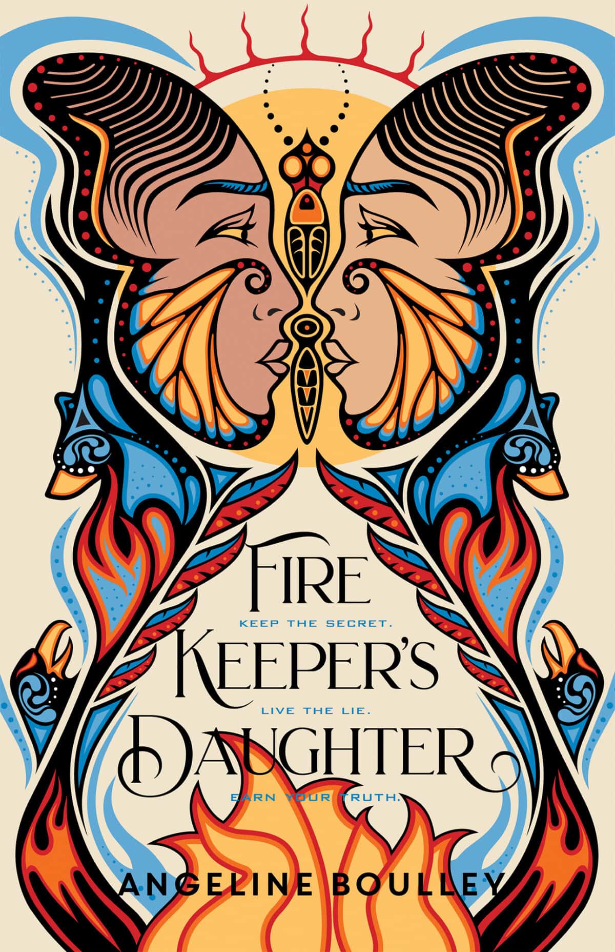 Book cover for Firekeeper’s Daughter by Angeline Boulley, featuring a symmetrical, vibrant illustration of two mirrored faces forming a butterfly shape, with bold red, blue, and orange patterns.