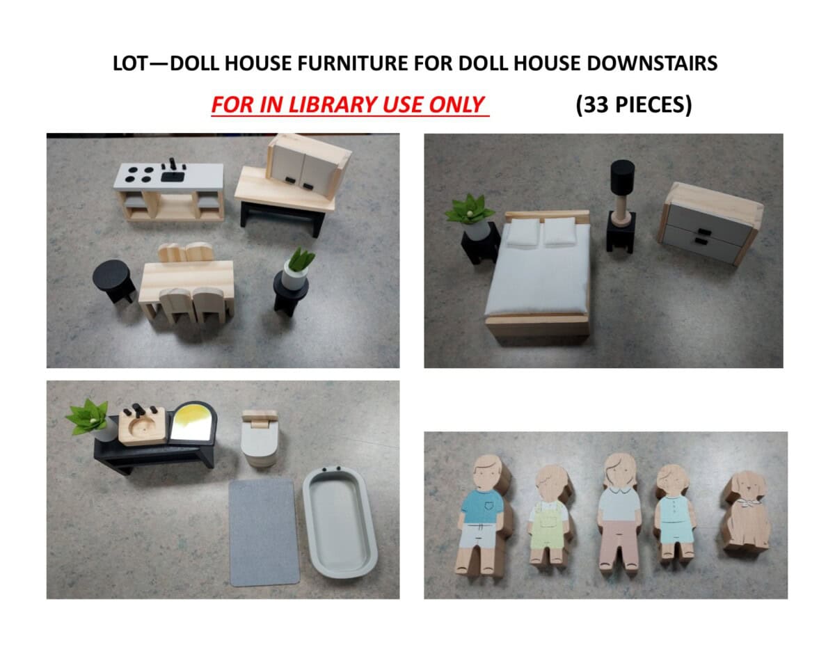 Photo collage of wooden dollhouse furniture and figures, including a kitchen set, dining table, bed, nightstands, bathtub, rug, and four wooden dolls. Text reads: LOT—Doll House Furniture for Doll House Downstairs (33 pieces).