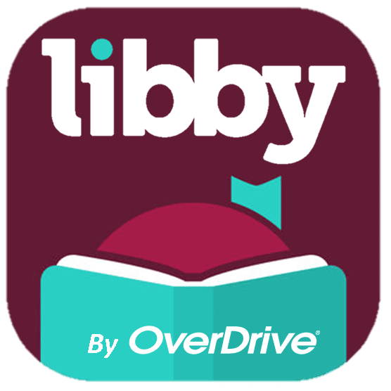Libby app logo featuring the word libby in white text above a stylized illustration of a teal book and a maroon semicircle, with By OverDrive written below.