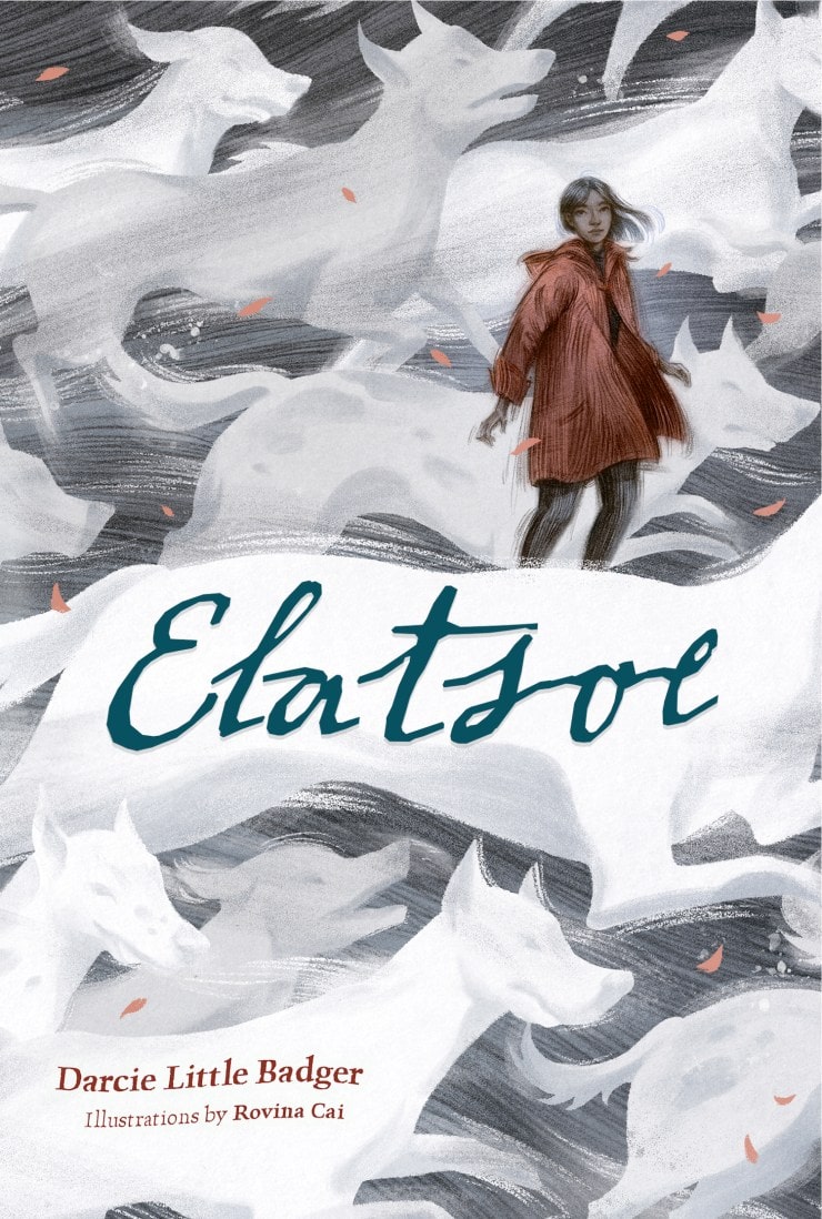 Book cover for Elatsoe by Darcie Little Badger, illustrated by Rovina Cai. A girl in a red coat stands among ghostly, white, wolf-like figures swirling around her, with wind and scattered red leaves.