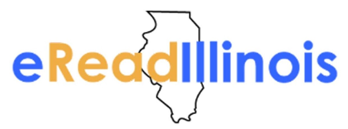Logo featuring the word eReadIllinois with Read in orange, the rest in blue, over an outline of the state of Illinois in black.