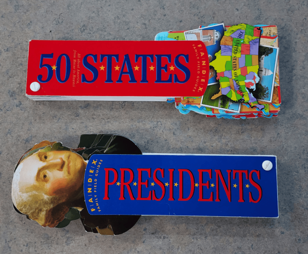 Two colorful fan-shaped flashcard sets are shown. The top set is labeled 50 STATES with illustrated state shapes visible. The bottom set reads PRESIDENTS and features a portrait of George Washington on the cover.