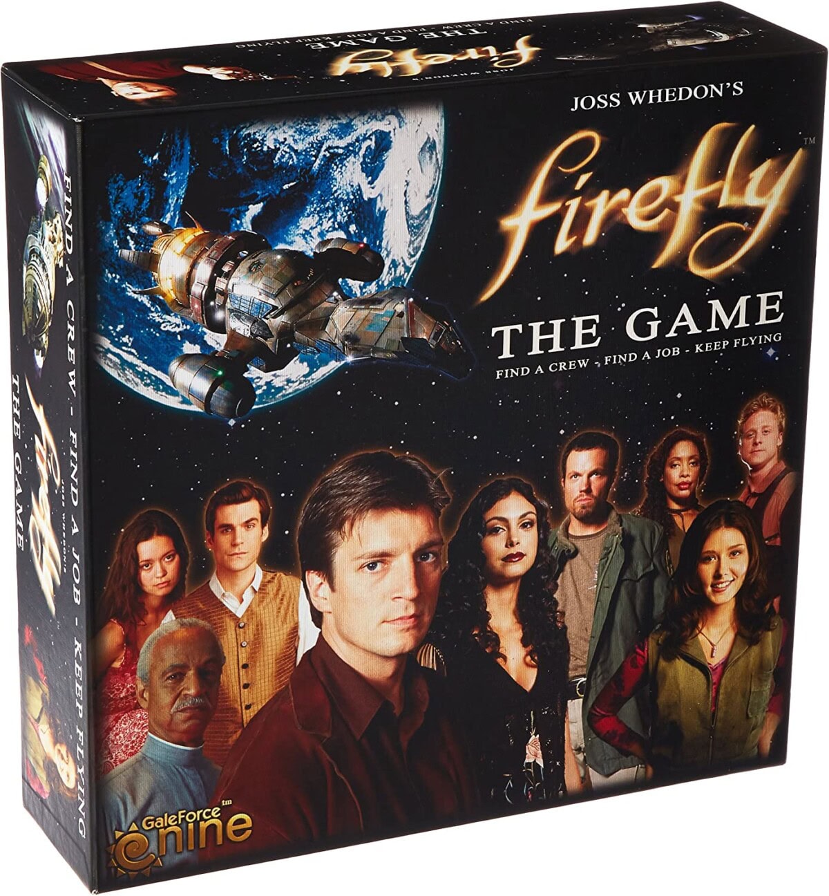 Box cover of Firefly: The Game showing the spaceship Serenity above Earth and the main cast of the Firefly TV show, with the games title and tagline: Find a crew • Find a job • Keep flying.