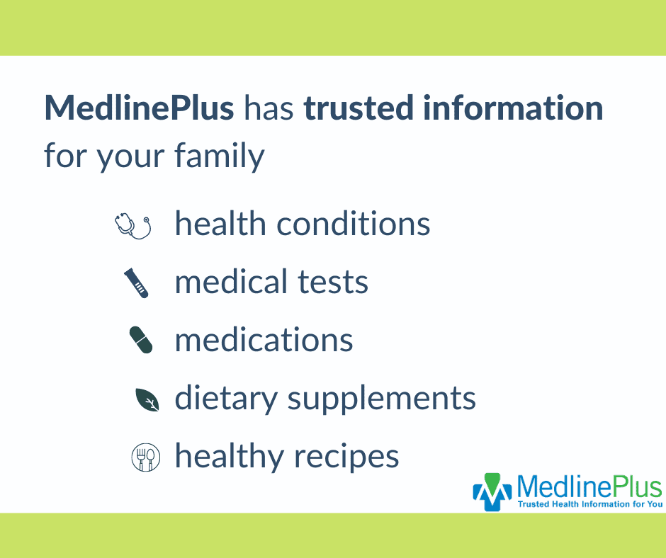 MedlinePlus graphic listing trusted information for families on health conditions, medical tests, medications, dietary supplements, and healthy recipes, with icons next to each item and the MedlinePlus logo at the bottom right.