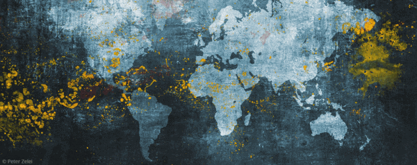 Artistic world map with textured, grungy blue-gray background and splashes of yellow and red paint scattered across various continents.