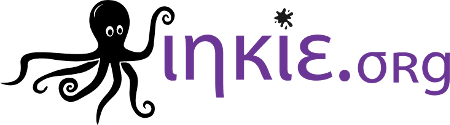 Logo for inkie.org featuring a black cartoon octopus on the left, with the website name “inkie.org” in purple letters; a small ink splatter appears above the letter i.