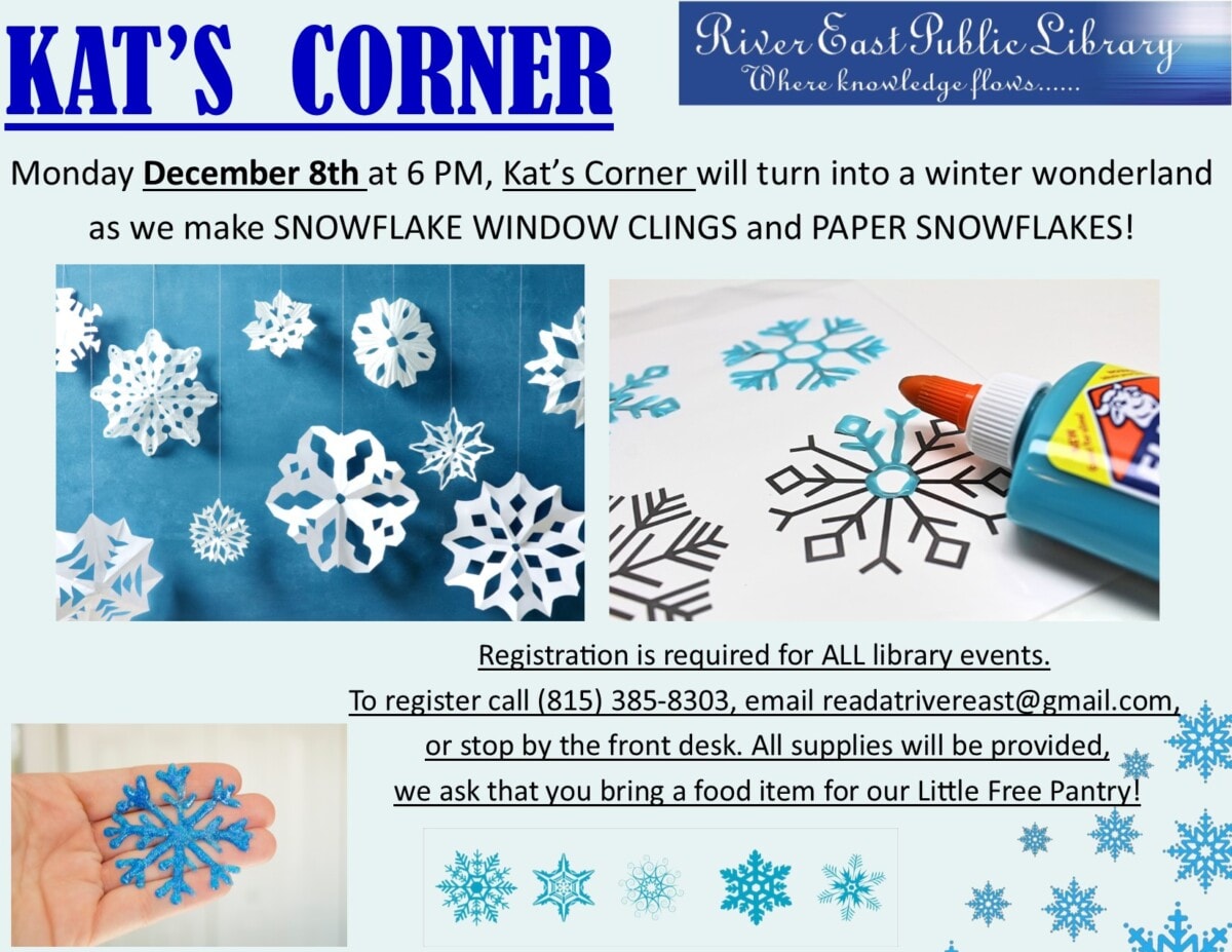 Promotional flyer for Kat's Corner winter event featuring snowflake decorations and registration details.