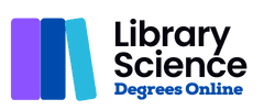 Logo with three book icons in purple, blue, and teal, next to the text Library Science Degrees Online in bold black and blue font on a light background.