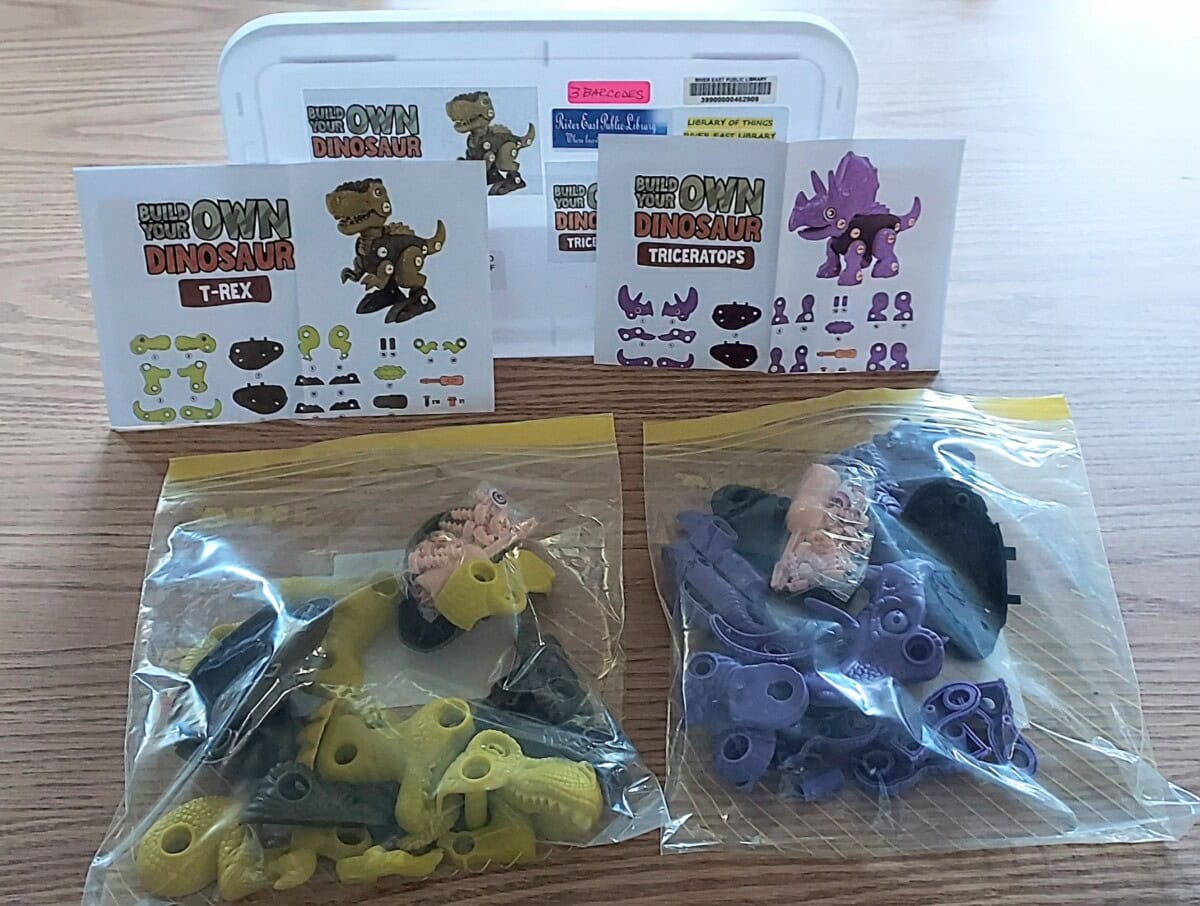 A kit to build your own dinosaur toys, including instruction sheets for a T-Rex and Triceratops, yellow and purple plastic parts in zip bags, and a white container, all displayed on a wooden surface.