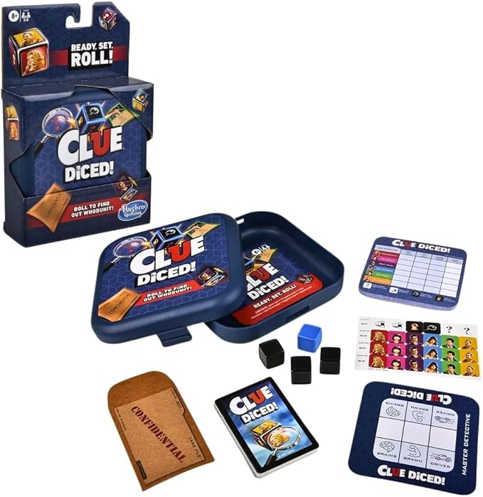 Clue Diced! game set shown with packaging, dice, cards, a confidential envelope, score sheets, and tokens arranged on a white background.