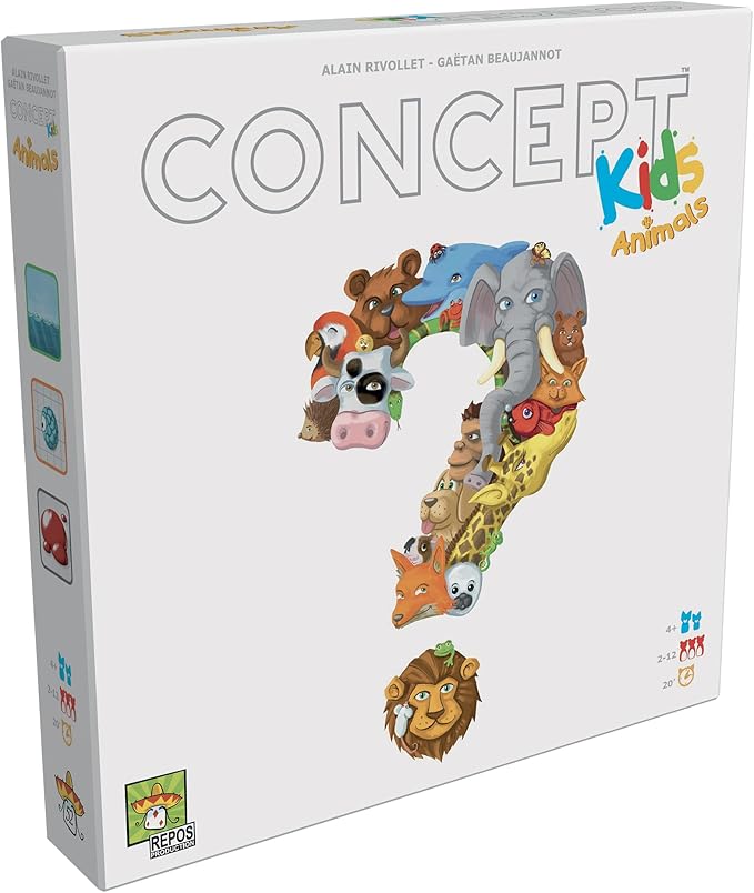 A board game box for Concept Kids: Animals featuring a large question mark filled with illustrations of various animals, such as a lion, giraffe, elephant, and panda, on a white background.