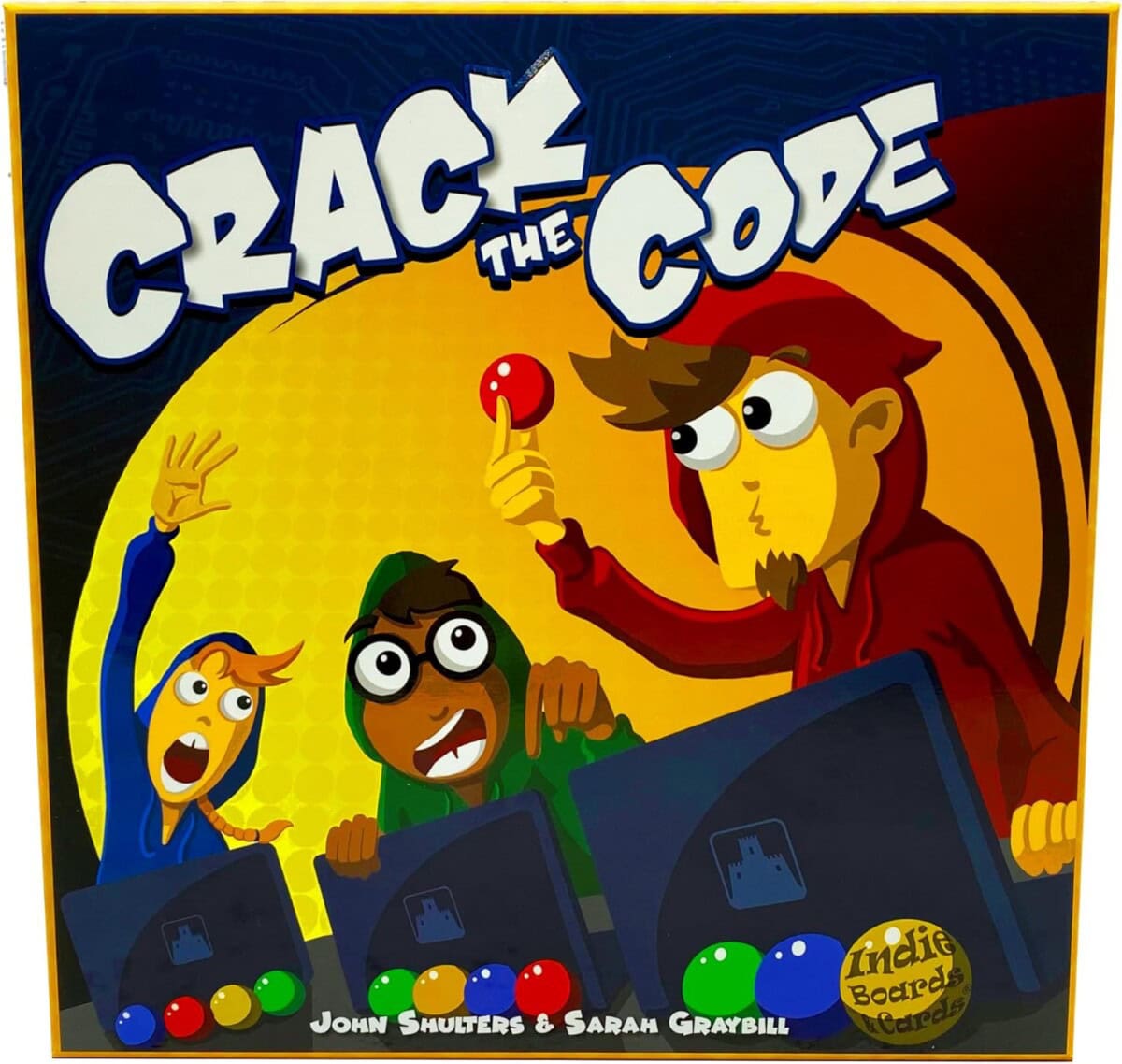 The board game box for Crack the Code shows three animated characters in hoodies, looking surprised and holding colorful balls, with computers in front of them and the title in bold letters above.