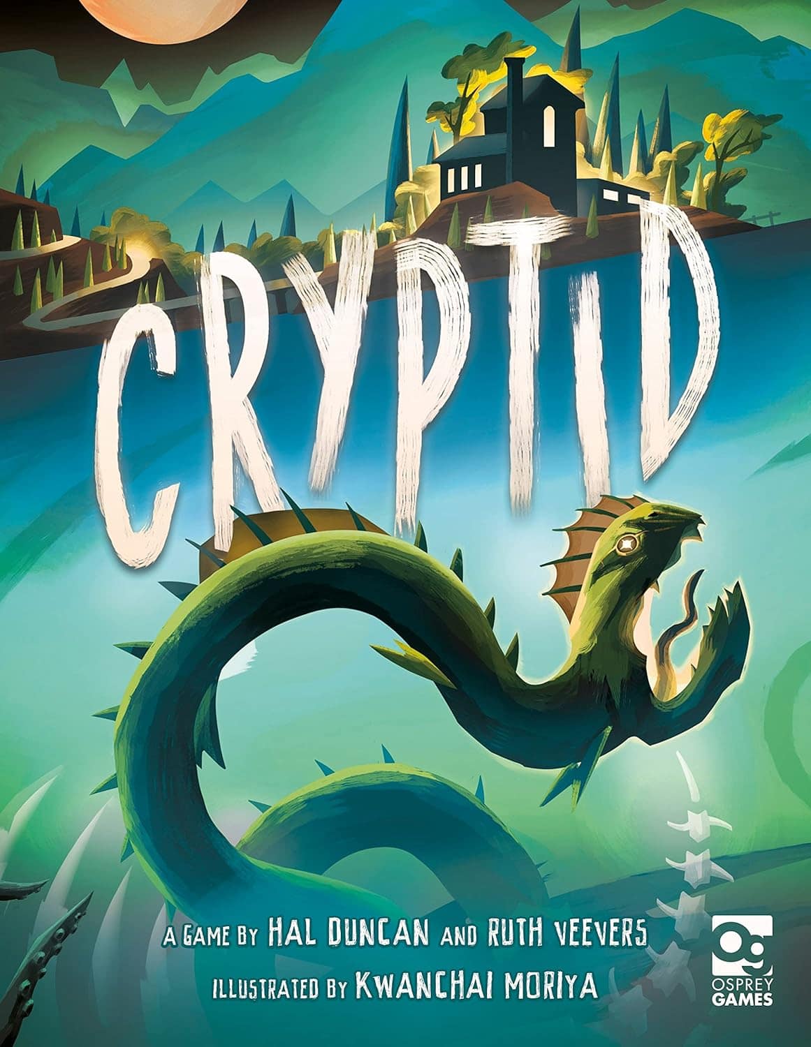A stylized illustration of a green serpent-like creature rising from water, with a mysterious building on a hill in the background. The large white title “CRYPTID” is positioned over the scene. Game credits and logos are at the bottom.