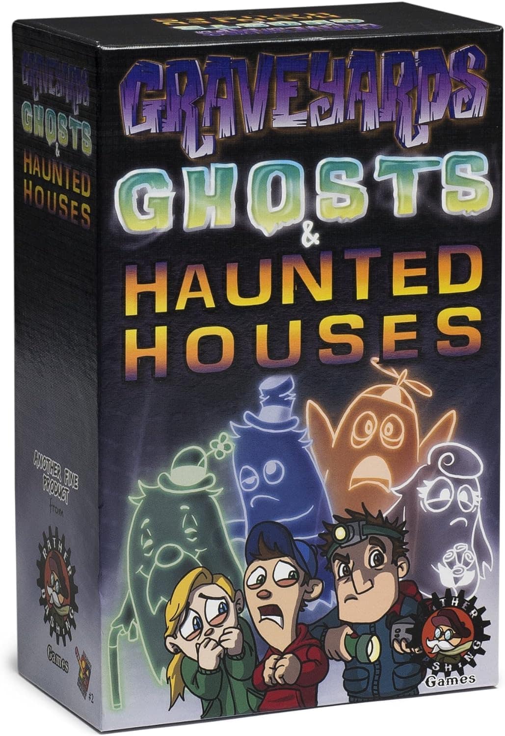 A board game box titled Graveyards Ghosts & Haunted Houses with cartoon characters looking scared in front of colorful ghost illustrations. The box features a spooky, playful theme.