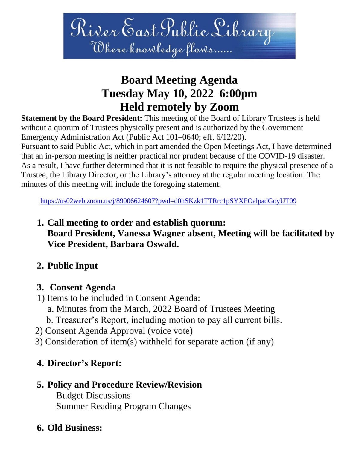 A library board meeting agenda for the River East Public Library dated May 10, 2022, detailing remote meeting information, board members, and a list of agenda items including public comment, reports, and old business.