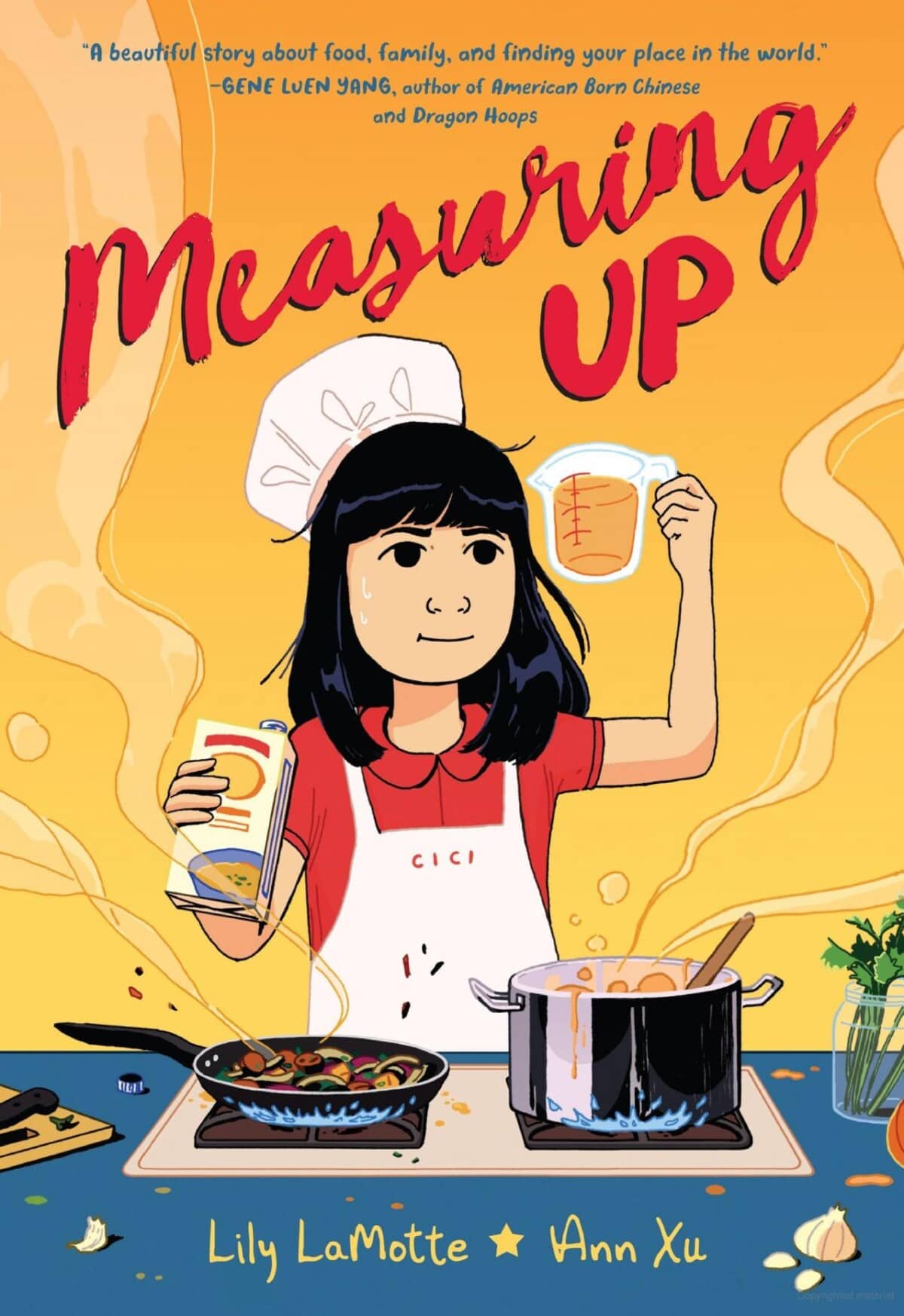 Illustrated cover of “Measuring Up” shows a girl in an apron holding a measuring cup and canned food, cooking on a stove with bright steam and vegetables. Title and authors names are above and below the image.