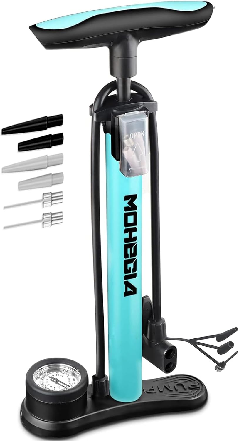 Mohegia bike pump with multiple nozzle attachments and pressure gauge.