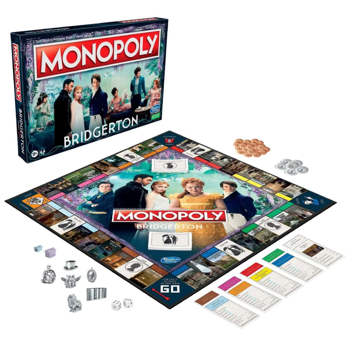 Monopoly: Bridgerton Edition board game set, showing the game box with Bridgerton characters, the themed game board, playing pieces, cards, paper money, and tokens arranged for play.