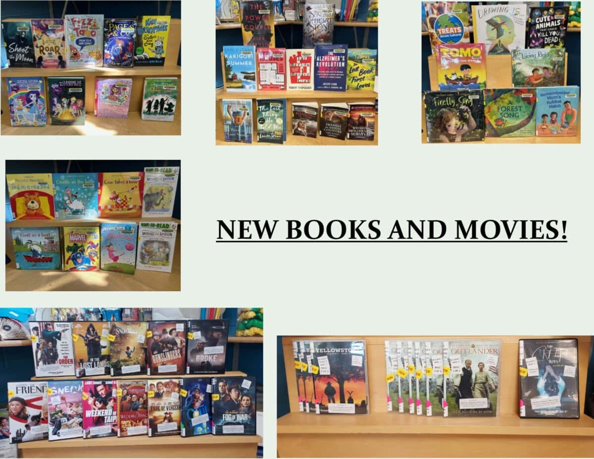 A collage showing shelves of new books and movies for kids and teens, with colorful covers and a central text that reads, NEW BOOKS AND MOVIES!.