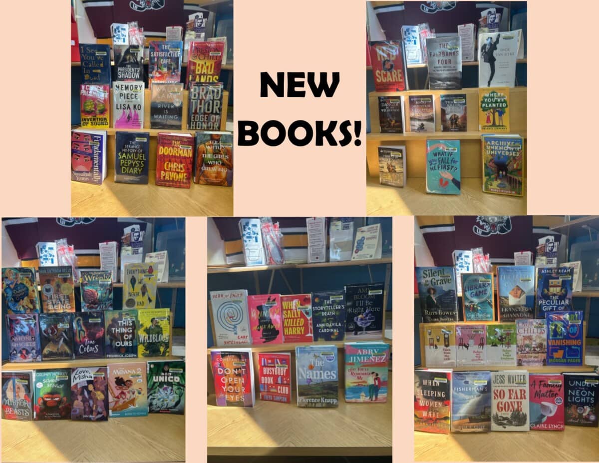 A collage of five book display photos with a NEW BOOKS! sign in the center, showing a variety of colorful covers from different genres, arranged on wooden shelves.