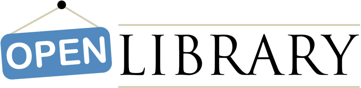 The image features a blue sign reading OPEN hanging at an angle next to the word LIBRARY in large, black capital letters on a white background.