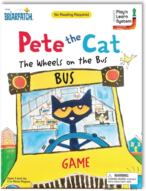 Illustrated cover of Pete the Cat: The Wheels on the Bus game shows Pete the Cat driving a yellow school bus with children and birds, along with playful text and colorful houses in the background.