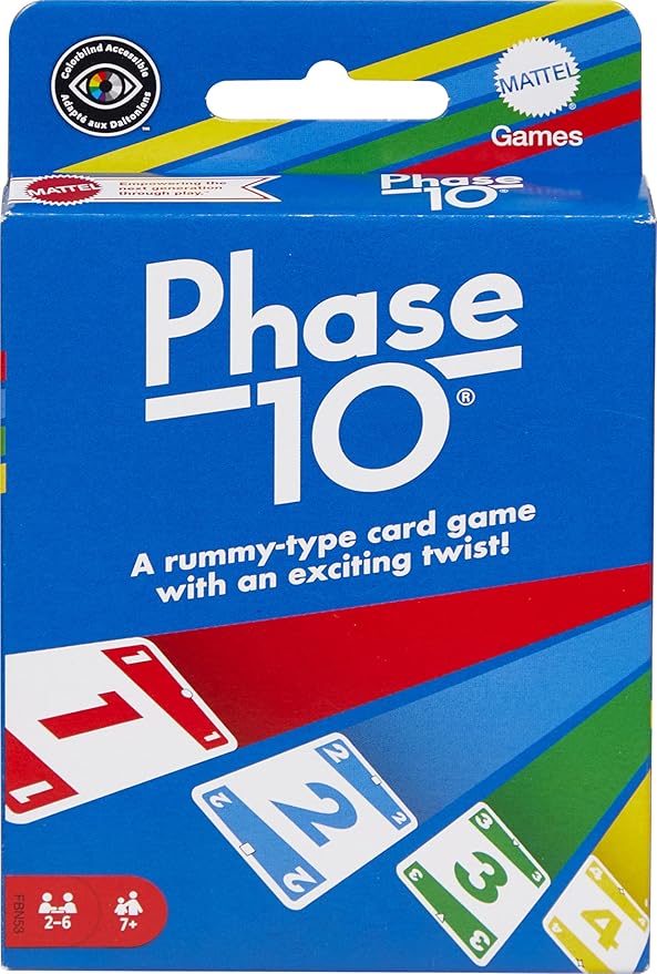 Front of a Phase 10 card game box showing colorful numbered cards, the Mattel logo, and text reading A rummy-type card game with an exciting twist! Suitable for 2-6 players, ages 7 and up.