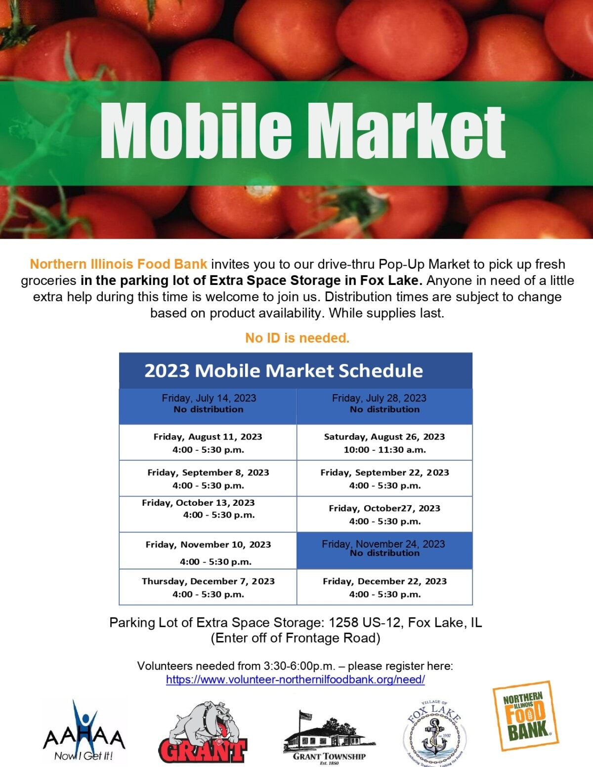 Flyer for Northern Illinois Food Banks Mobile Market listing 2023 market dates in Fox Lake, IL. It highlights grocery distribution, drive-thru instructions, no ID requirement, and sponsors logos at the bottom.