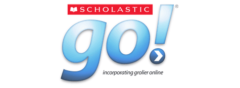 The image shows the Scholastic GO! logo with SCHOLASTIC in a red rectangle above large blue letters go! and the phrase incorporating grolier online underneath.