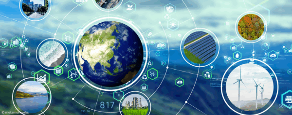 A digital illustration of Earth surrounded by circular images depicting renewable energy, forests, solar panels, wind turbines, and sustainable technology icons interconnected by white lines.