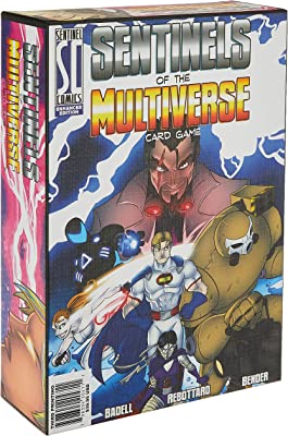 Box cover of the Sentinels of the Multiverse card game, featuring colorful comic-style superheroes and a villain in the background. Title text is bold at the top, with creators names at the bottom.