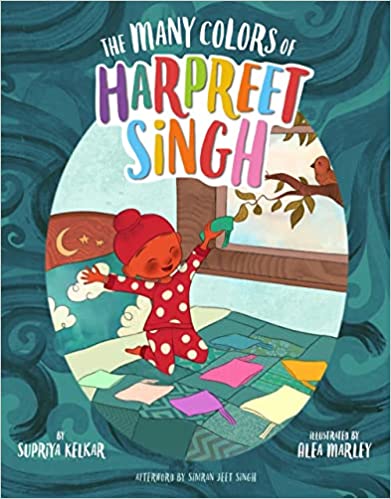 A young boy in a red polka-dot kurta sits on the floor, smiling and playing with colorful paper. He is surrounded by vibrant swatches. The book title reads The Many Colors of Harpreet Singh.