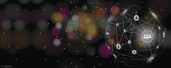 A digital illustration of a glowing globe on the right, featuring interconnected lines and user icons, symbolizing global digital networking, with colorful bokeh lights and particles on a black background.
