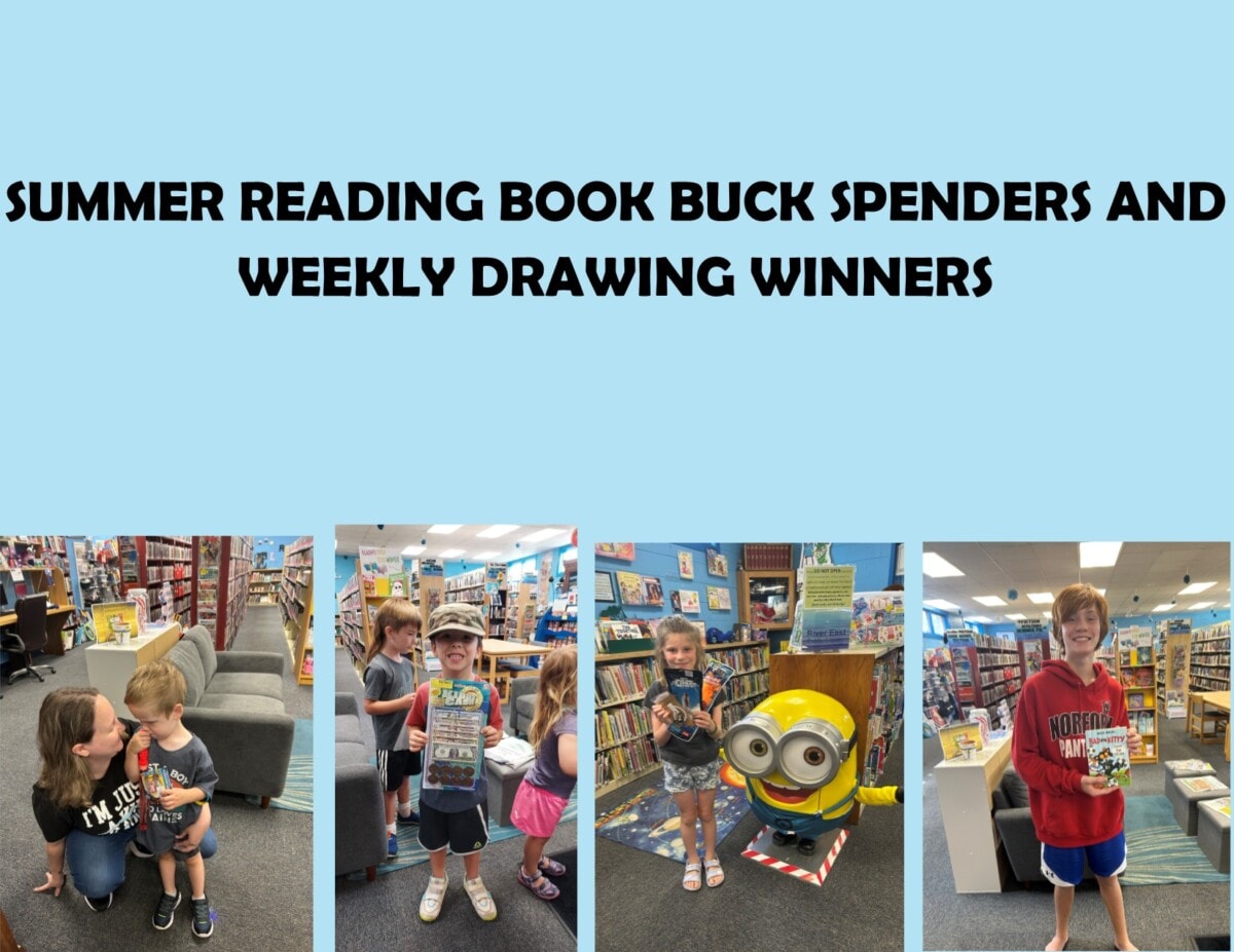 A collage with the title Summer Reading Book Buck Spenders and Weekly Drawing Winners shows children and a woman in a library, some holding books, and one posing with a Minion statue.