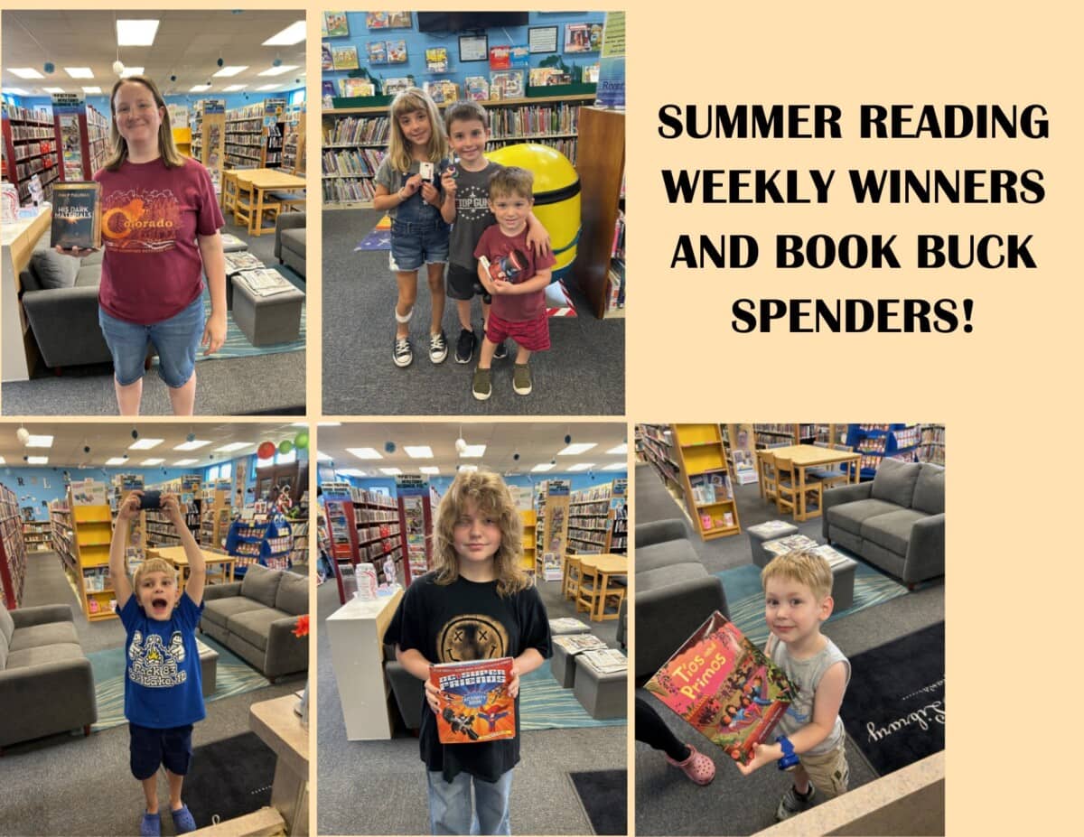 A collage of excited children in a library holding books, with text that reads: SUMMER READING WEEKLY WINNERS AND BOOK BUCK SPENDERS!.