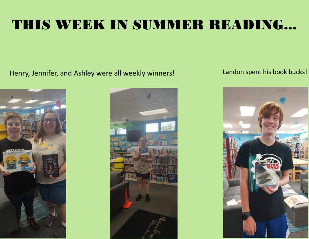 A library summer reading update: On the left, two smiling people hold books as weekly winners; in the center, a girl stands in the library with her prize; on the right, a boy smiles, holding books he bought with book bucks.