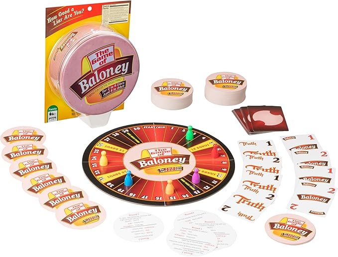 The image shows the board game Baloney, including a game board with a spinner, cards, tokens, question circles, and score markers, all featuring the games branding and a pink, deli-meat themed design.