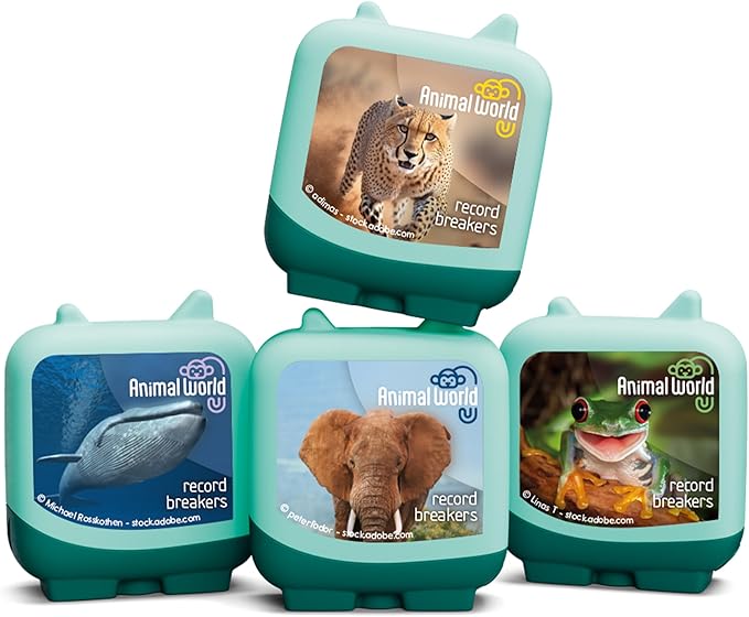 Four teal, square-shaped toy blocks feature Animal World branding with photos of a cheetah, blue whale, elephant, and tree frog, each labeled record breakers. The blocks are stacked in a playful arrangement.