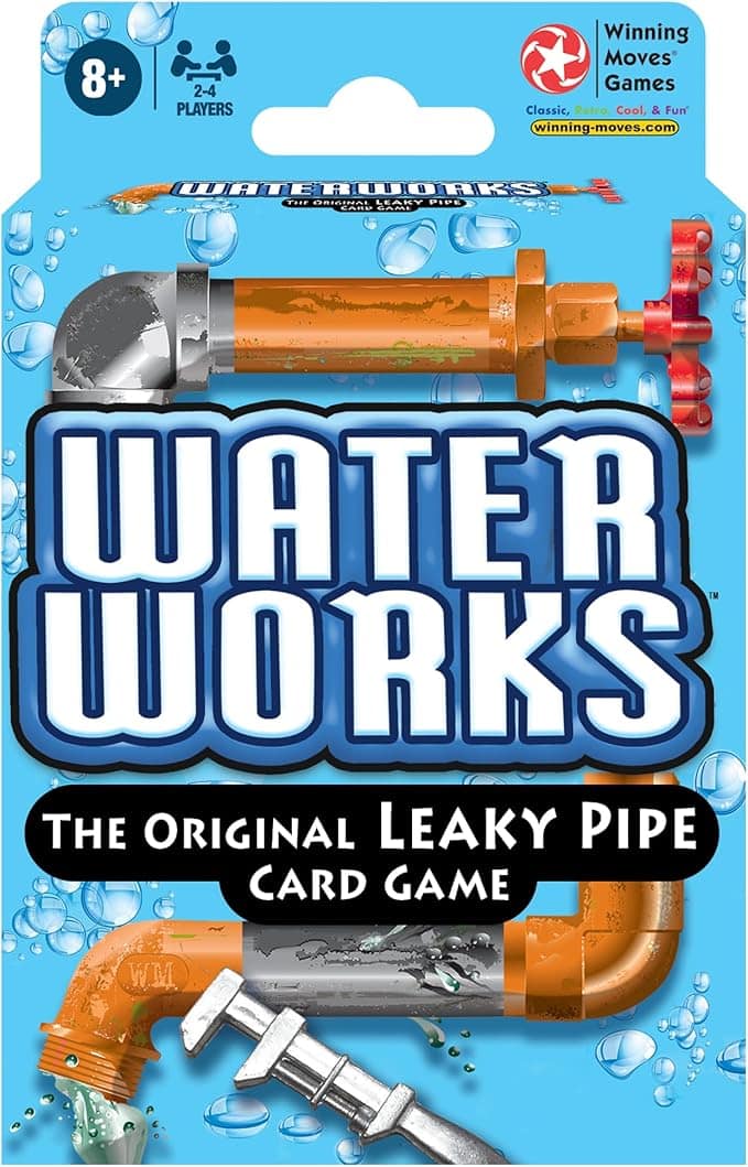 Packaging for the game Waterworks: The Original Leaky Pipe Card Game featuring cartoon pipes with water leaks, indicating its for 2-4 players ages 8 and up, by Winning Moves Games.